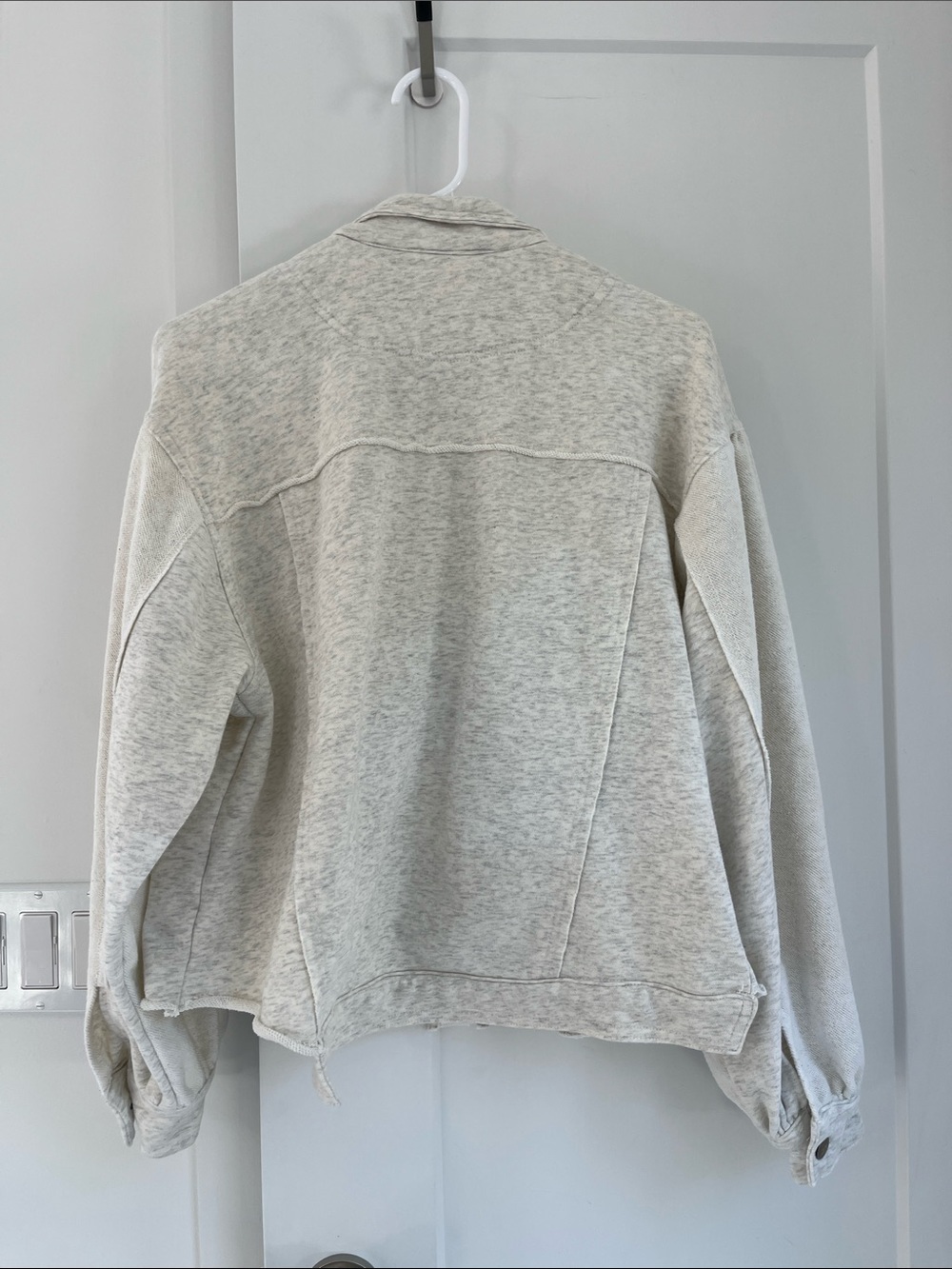 POL Cream Heather Gray Raw Hem Balloon Sleeve Crop Jacket Sweatshirt Shacket M - Picture 9 of 11